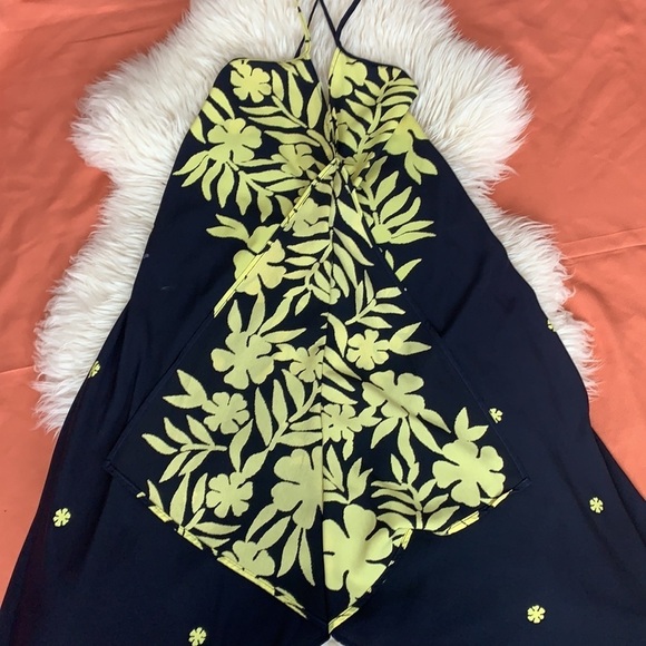 ASYMMETRICAL FLORAL NAVY&YELLOW SUMMER DRESS M - Picture 5 of 8